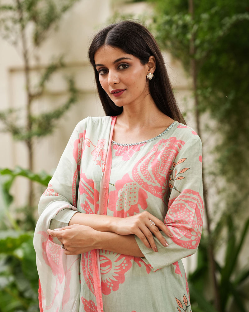 MINT & PINK MUSLIN DIGITAL PRINT SUIT SET
