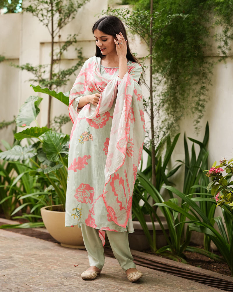 MINT & PINK MUSLIN DIGITAL PRINT SUIT SET