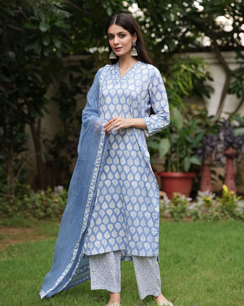 BLUE COTTON HANDBLOCK SUIT SET