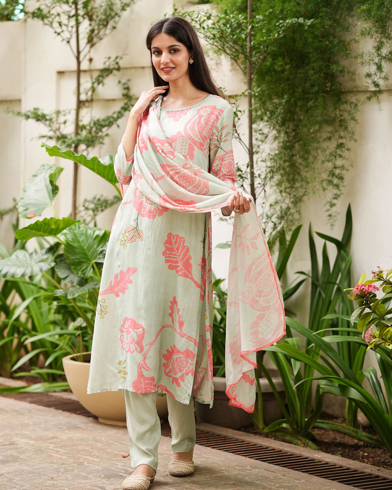 MINT & PINK MUSLIN DIGITAL PRINT SUIT SET