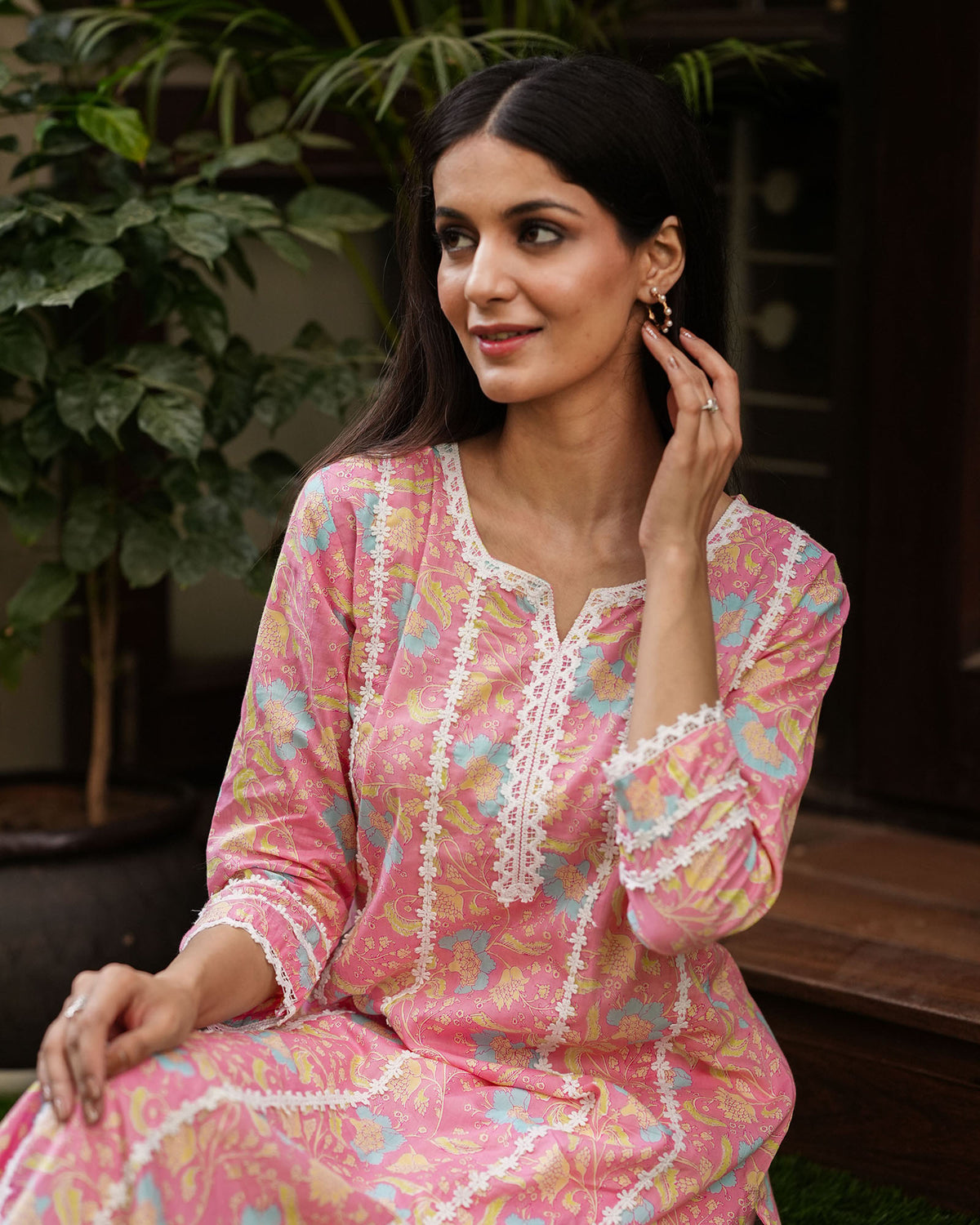 PINK COLORFUL COTTON KURTA WITH LACE