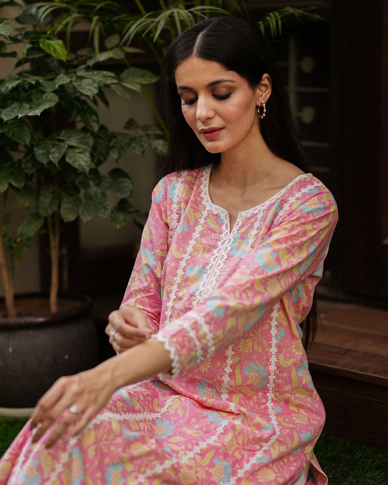 PINK COLORFUL COTTON KURTA WITH LACE