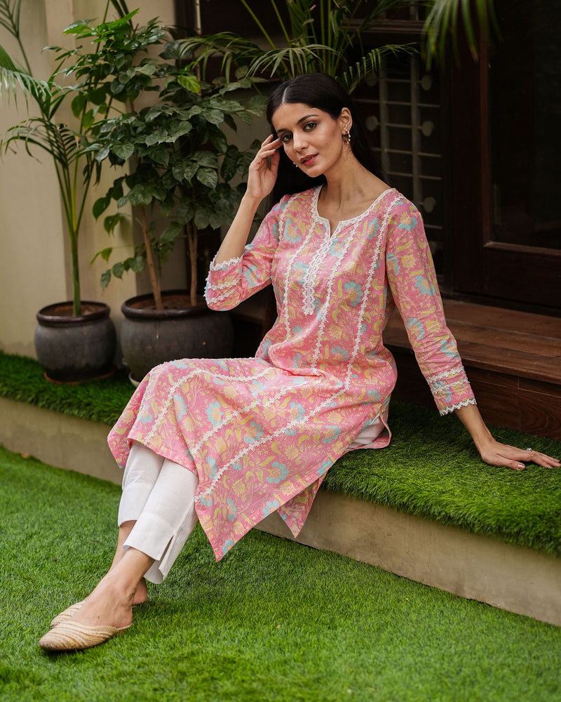 PINK COLORFUL COTTON KURTA WITH LACE