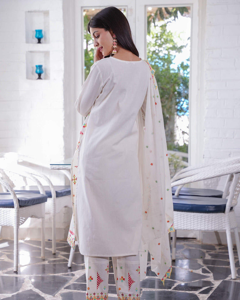 WHITE MULTI COLOURED COTTON FLEX SUIT SET