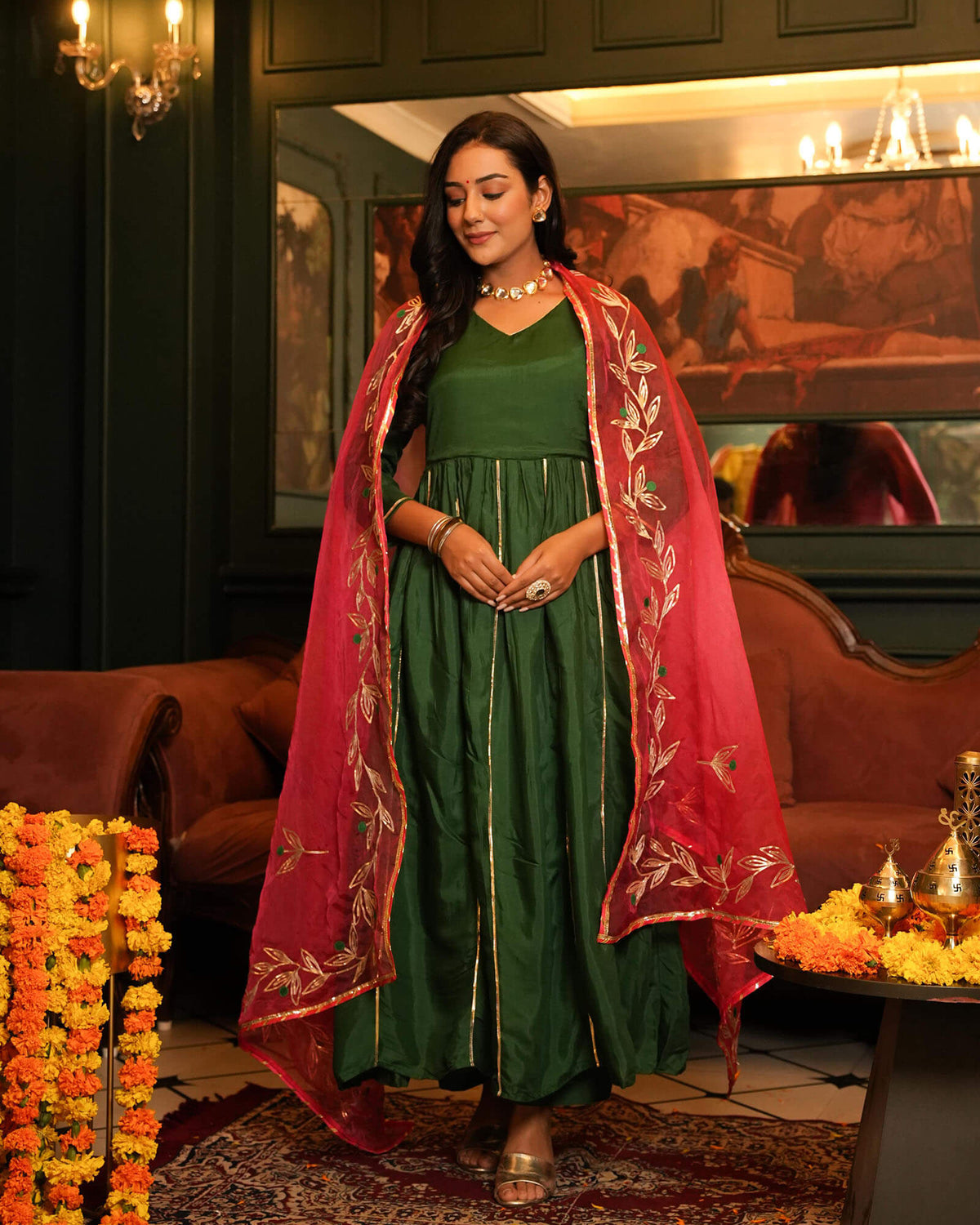 BOTTLE GREEN SHANTUNG ANARKALI SUIT SET