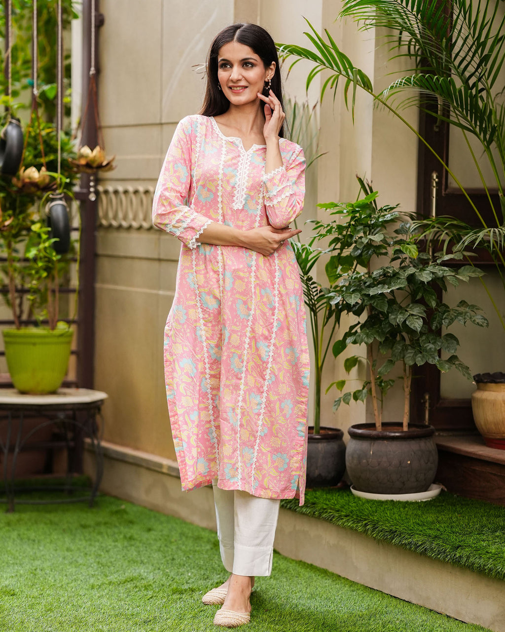 PINK COLORFUL COTTON KURTA WITH LACE