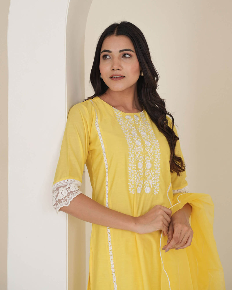 YELLOW CHANDERI SUIT SET WITH LACE WORK