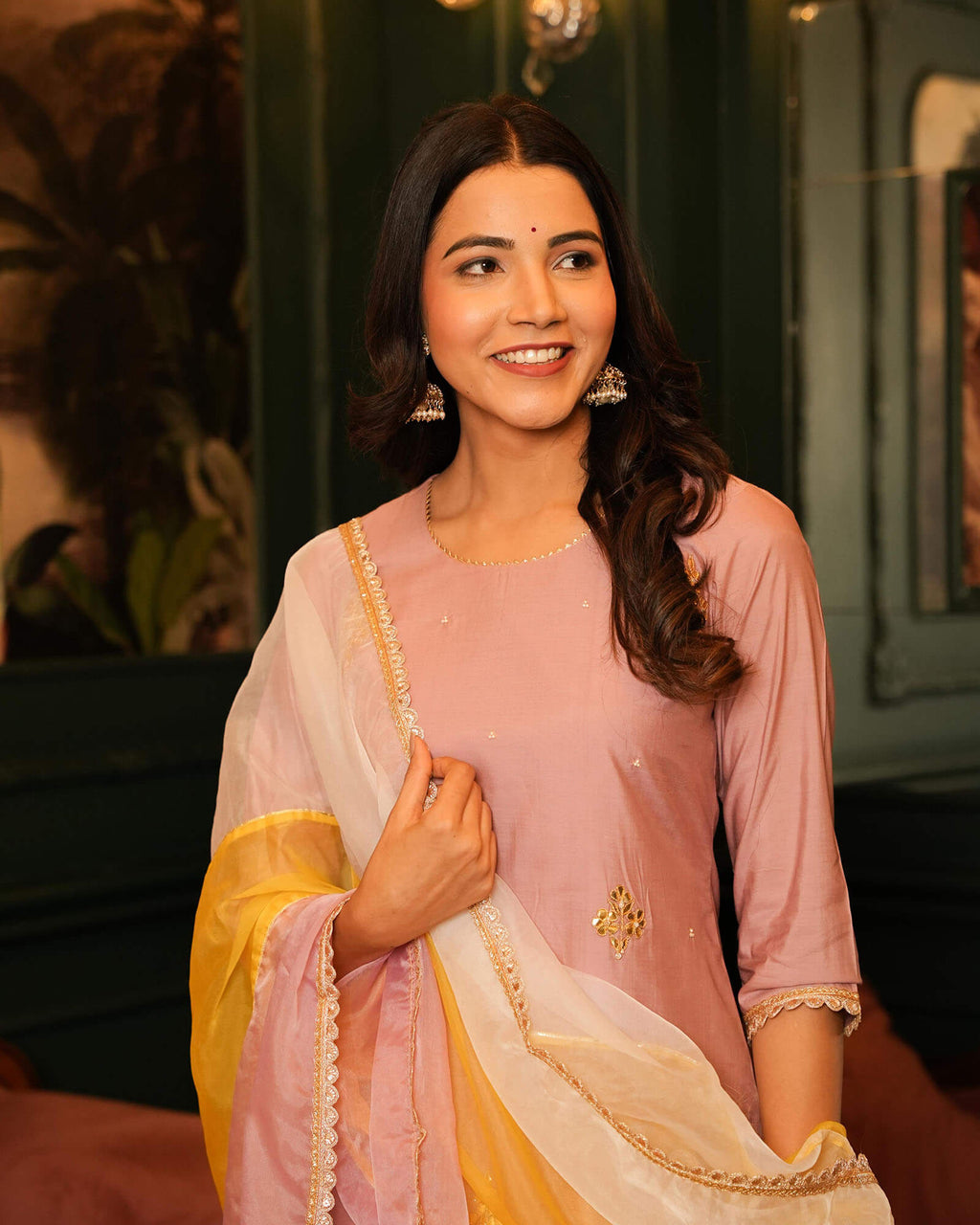MAUVE CHANDERI SUIT SET WITH DUAL COLOR DUPATTA