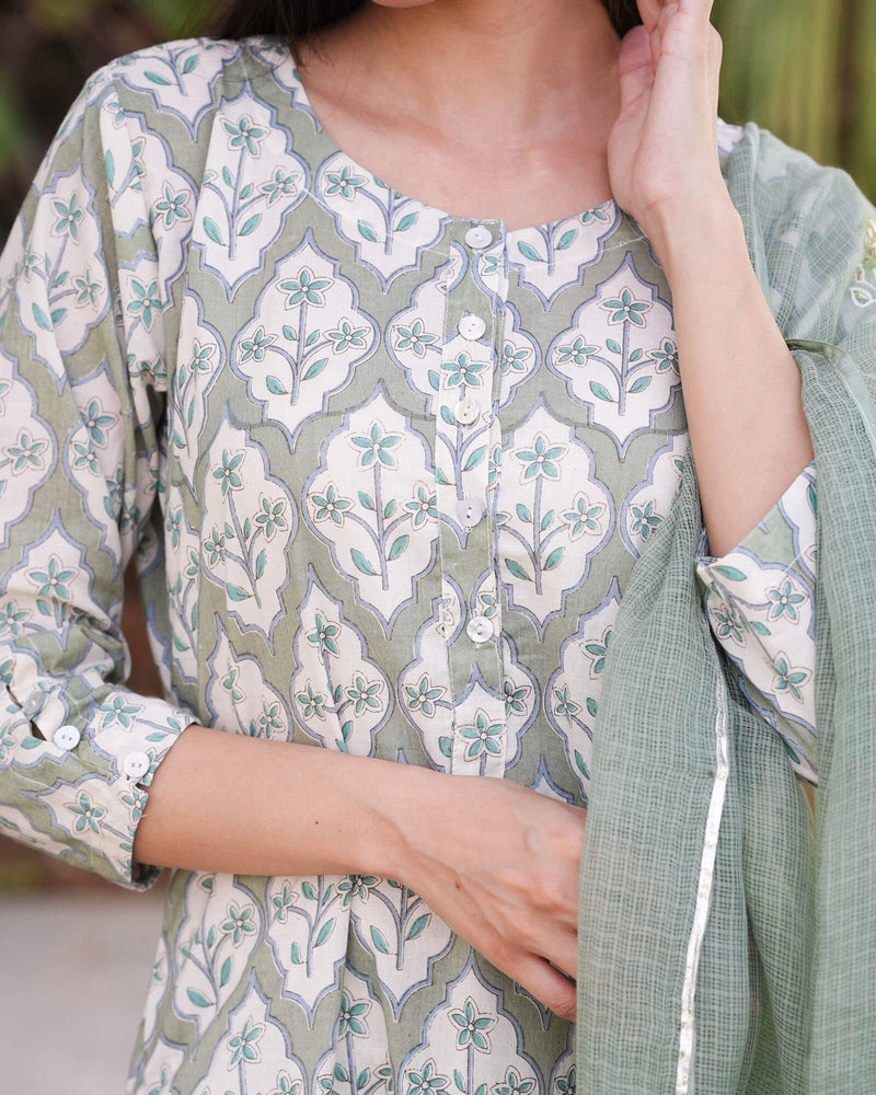 MOSS GREEN COTTON HANDBLOCK SUIT SET