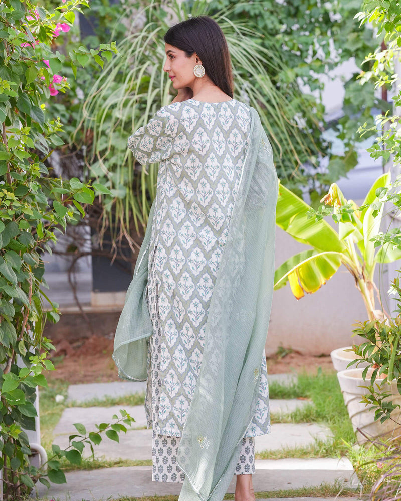 MOSS GREEN COTTON HANDBLOCK SUIT SET