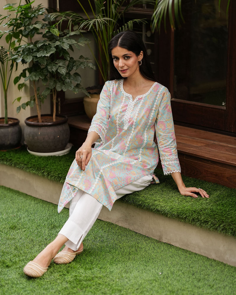 LIGHT BLUE COTTON KURTA WITH LACE