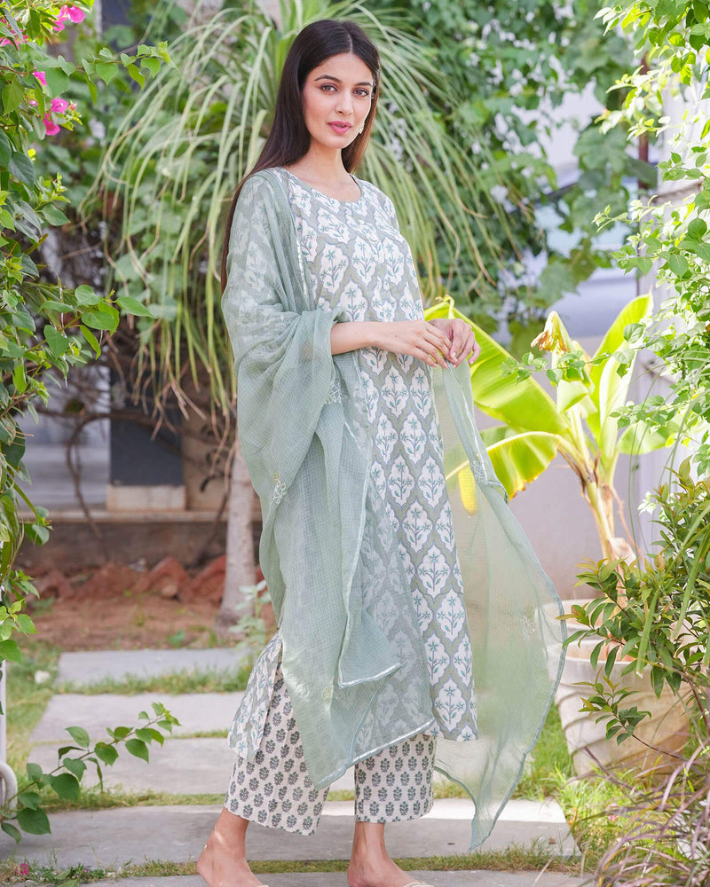 MOSS GREEN COTTON HANDBLOCK SUIT SET