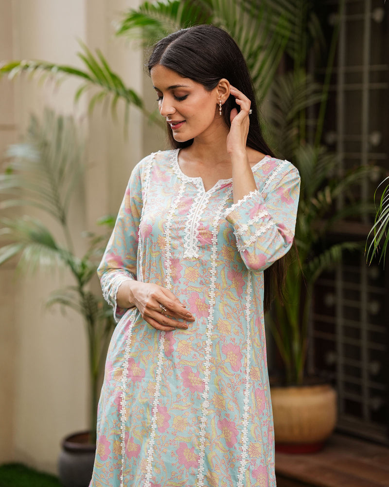 LIGHT BLUE COTTON KURTA WITH LACE