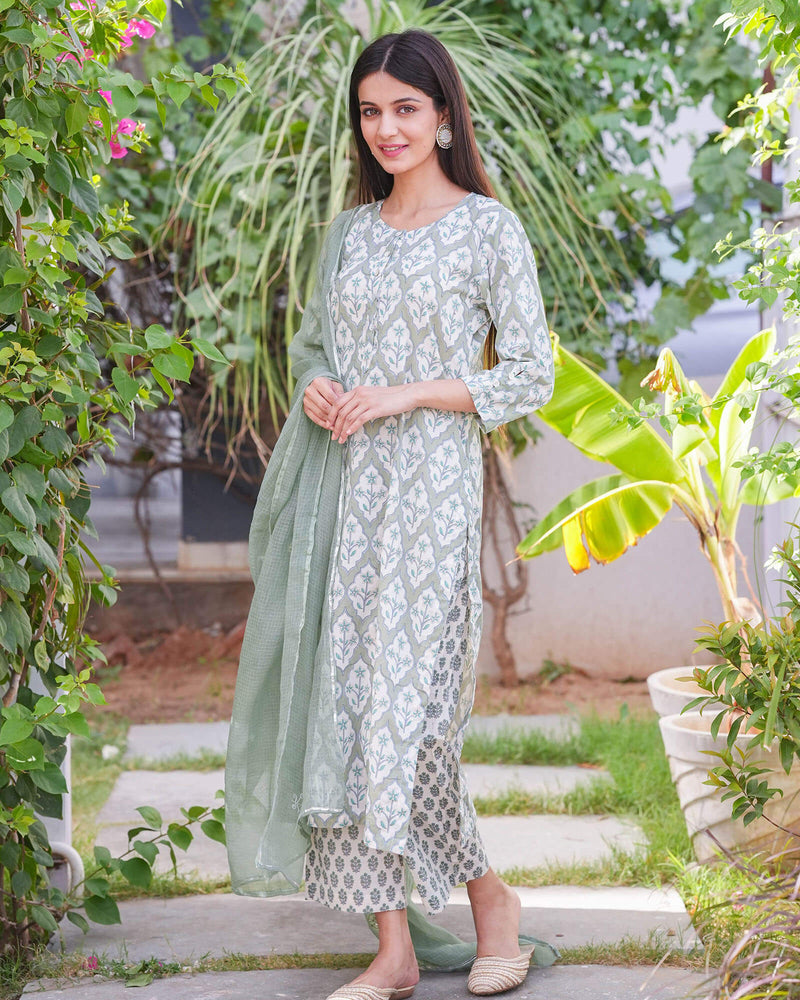 MOSS GREEN COTTON HANDBLOCK SUIT SET