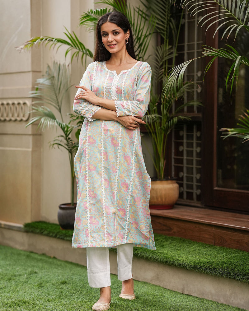 LIGHT BLUE COTTON KURTA WITH LACE