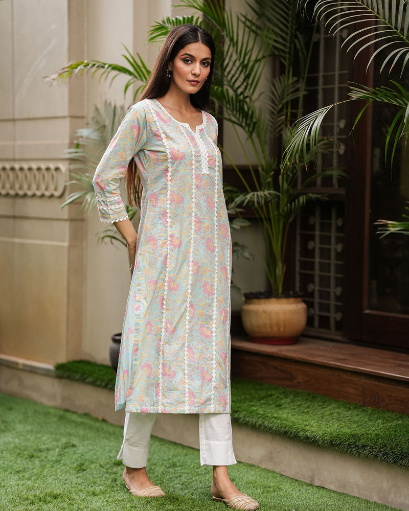 LIGHT BLUE COTTON KURTA WITH LACE