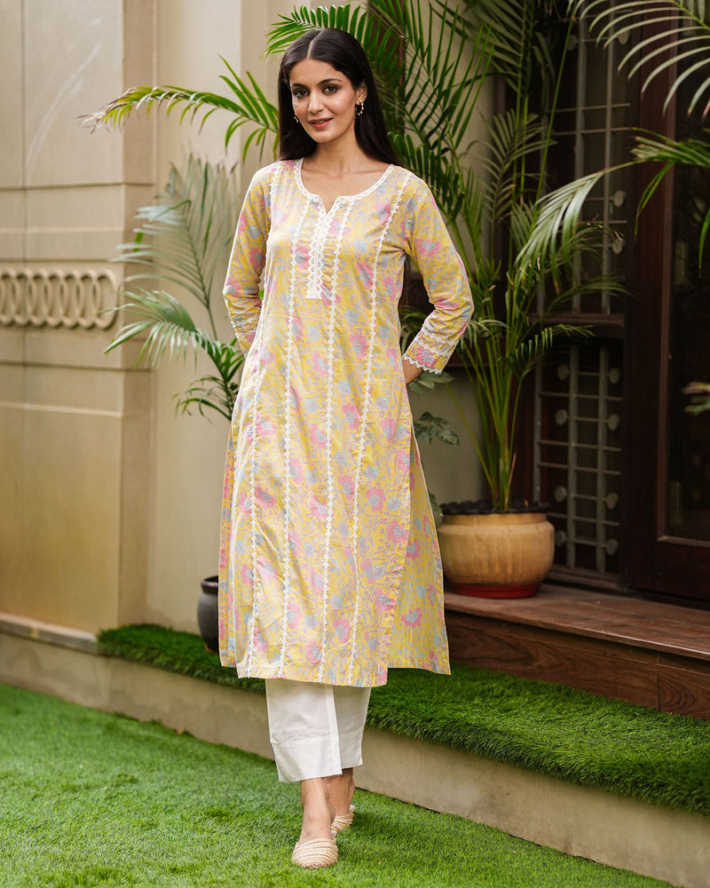 YELLOW COTTON KURTA WITH LACE