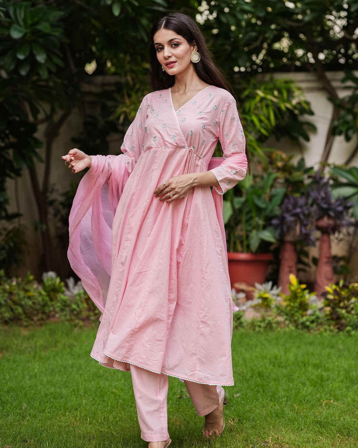 PINK COTTON ANARKALI SUIT SET WITH EMBROIDERY