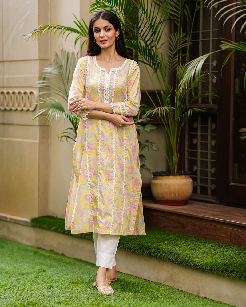 YELLOW COTTON KURTA WITH LACE