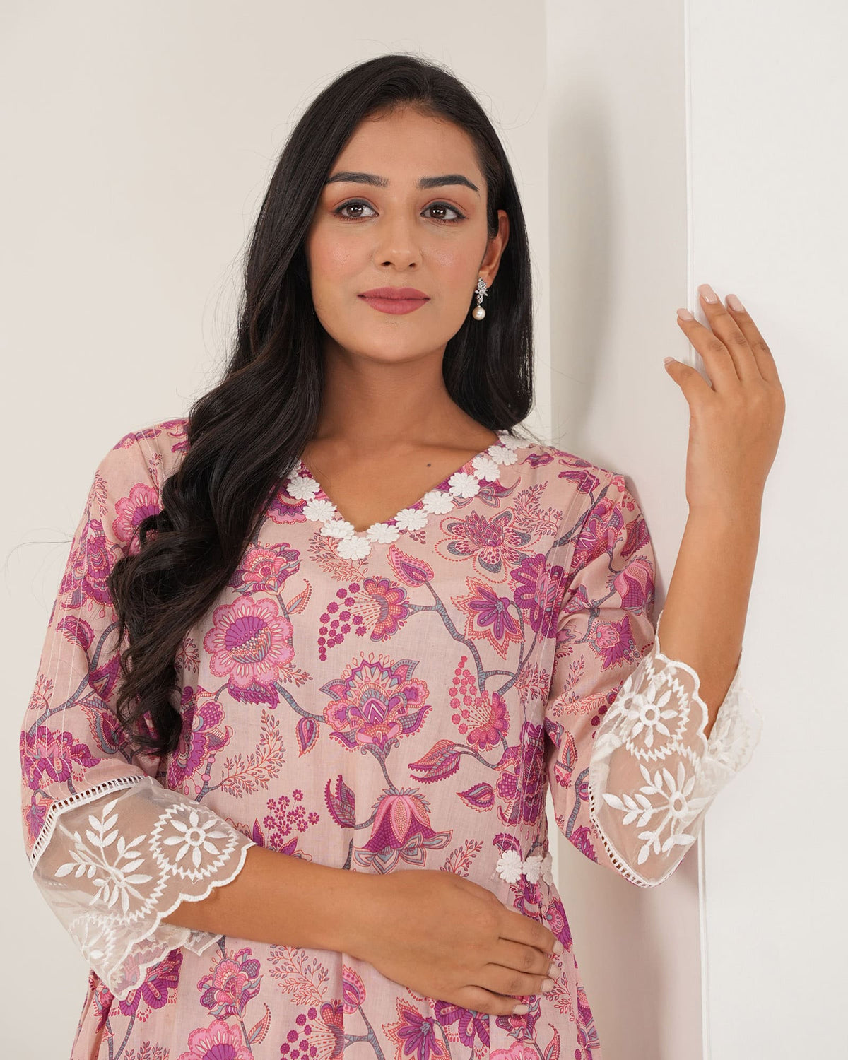 PINK COTTON KURTA SET WITH ORGANZA LACE