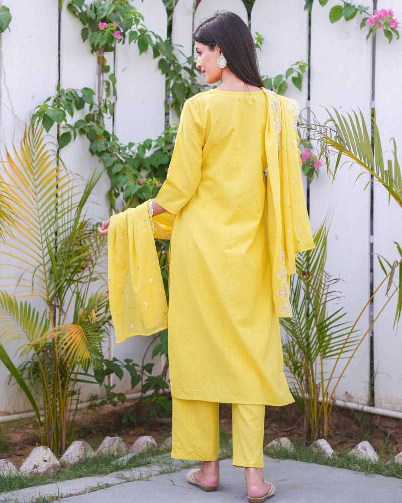 YELLOW COTTON FLEX SUIT SET WITH EMBROIDERY