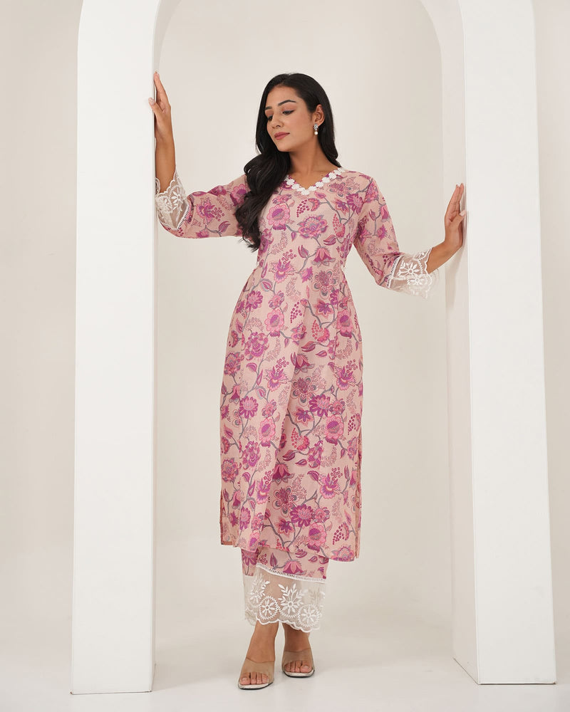 PINK COTTON KURTA SET WITH ORGANZA LACE