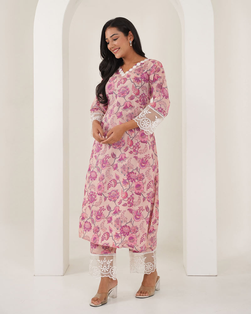 PINK COTTON KURTA SET WITH ORGANZA LACE