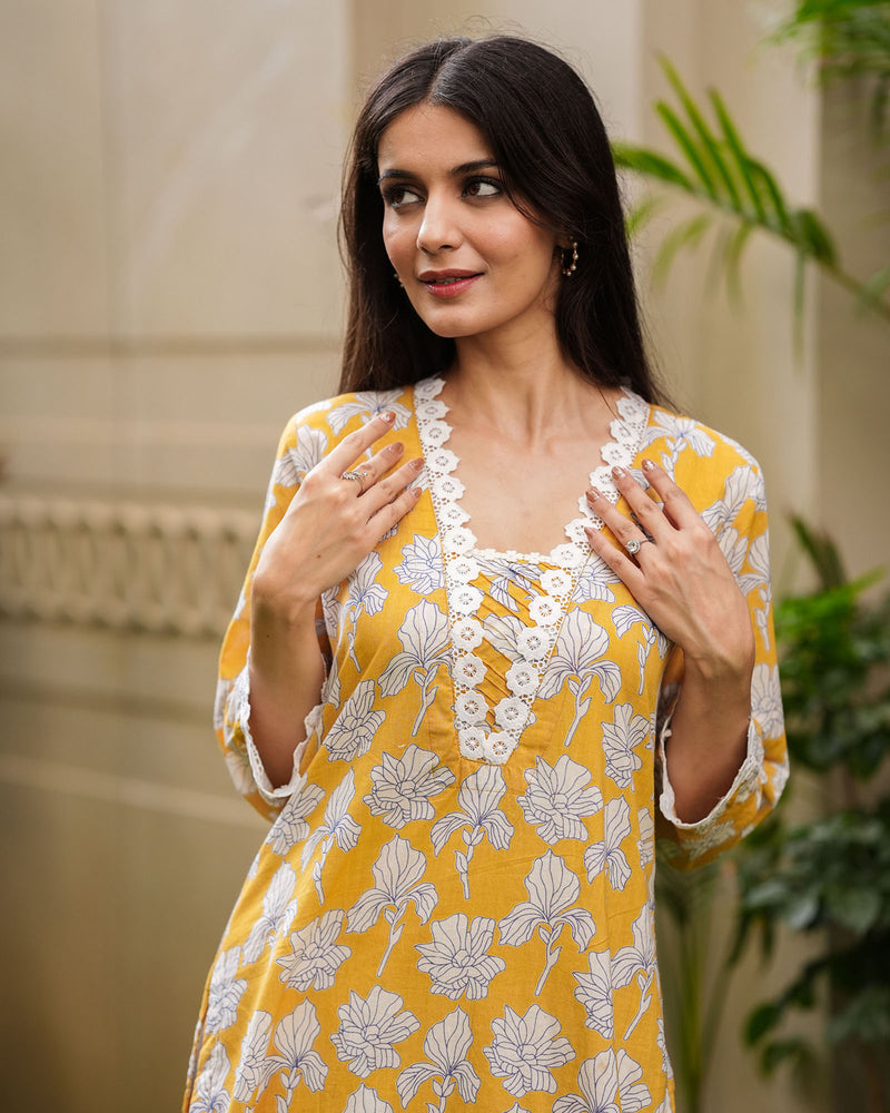 YELLOW SUMMERY COTTON KURTA WITH LACE