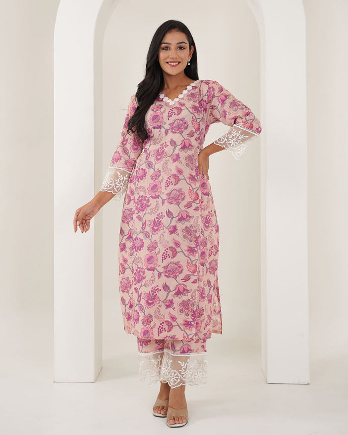 PINK COTTON KURTA SET WITH ORGANZA LACE