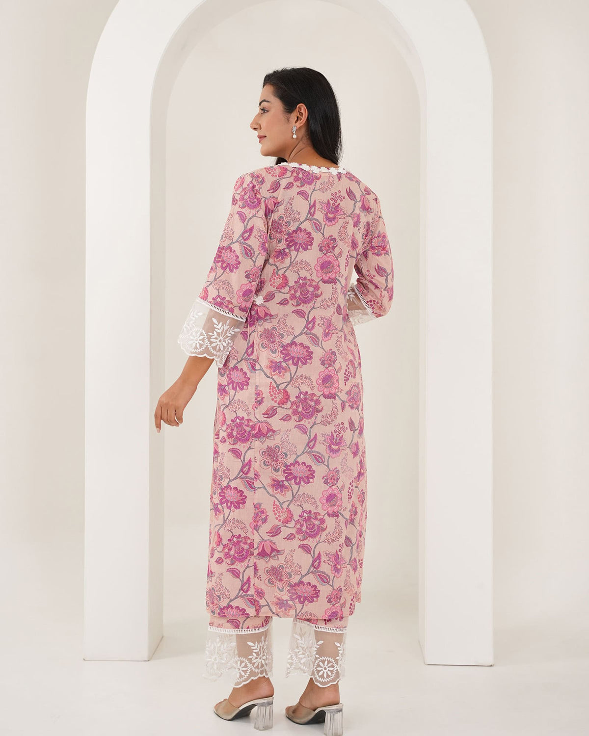 PINK COTTON KURTA SET WITH ORGANZA LACE