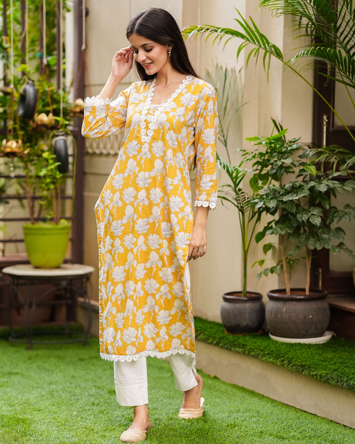 YELLOW SUMMERY COTTON KURTA WITH LACE