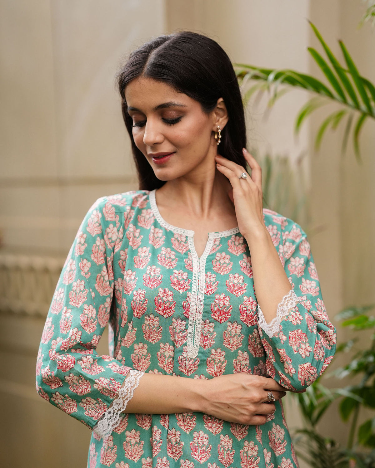 TEAL GREEN COTTON KURTA WITH LACE