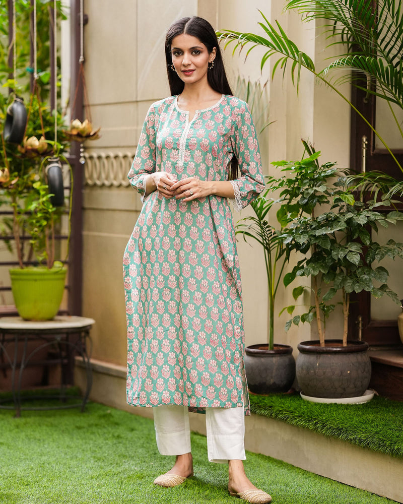 TEAL GREEN COTTON KURTA WITH LACE