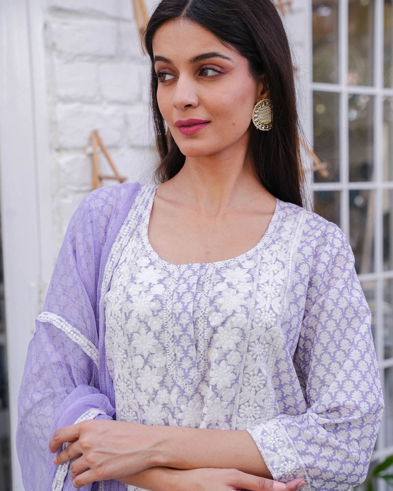 PURPLE COTTON HANDBLOCK EMBROIDERED SUIT SET