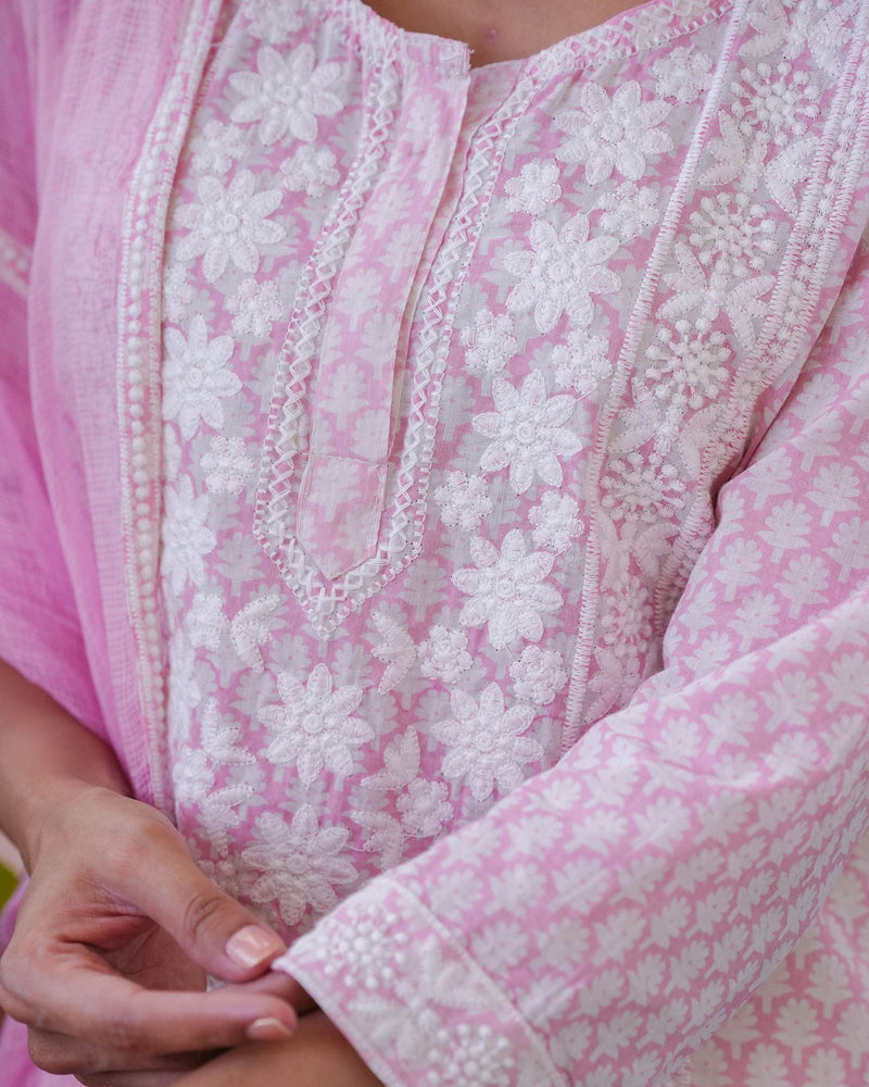 PINK COTTON HANDBLOCK EMBROIDERED SUIT SET