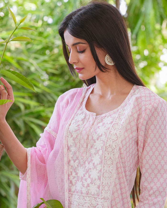 PINK COTTON HANDBLOCK EMBROIDERED SUIT SET