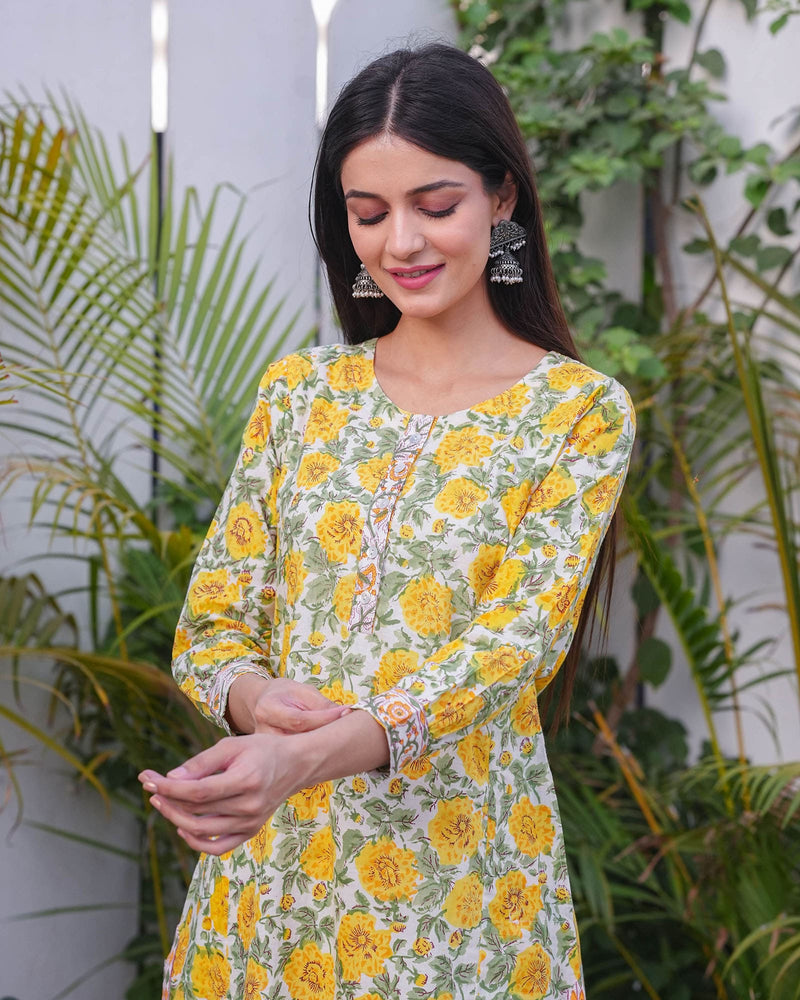 YELLOW MARIGOLD COTTON HANDBLOCK KURTA