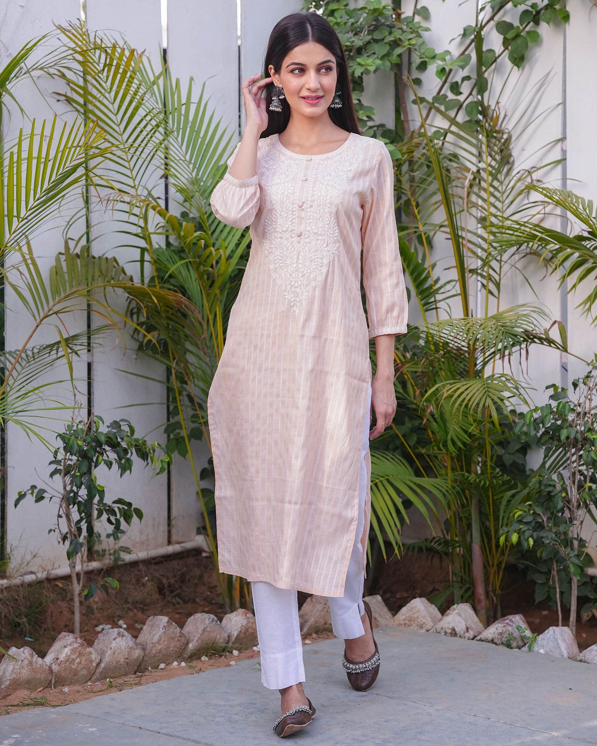 PEACH COTTON EMBROIDERED KURTA