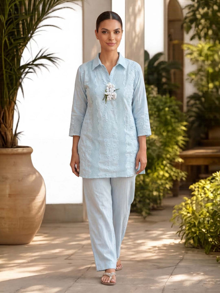 BABY BLUE COTTON HANDWORK & EMBROIDERED CO-ORD SET