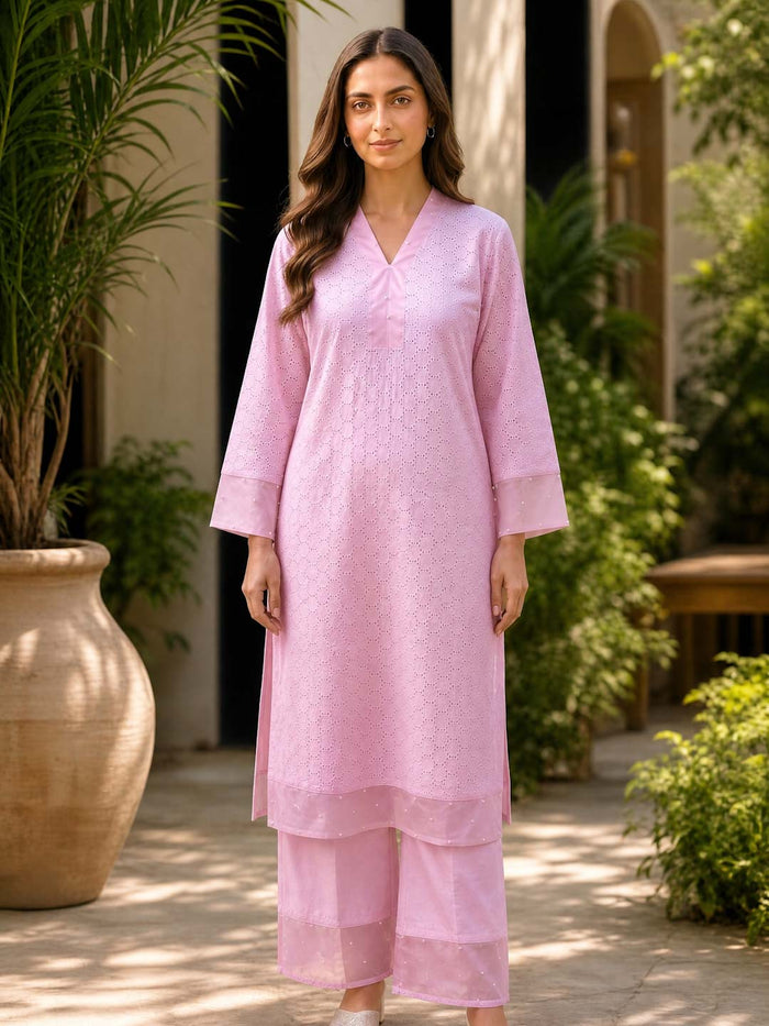 PINK SCHIFFLI KURTA SET WITH PEARL WORK
