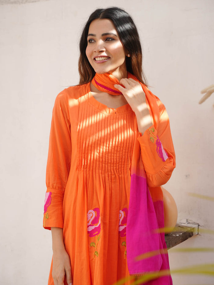 ORANGE AND PINK PRINTED FLOWER COTTON SUIT SET