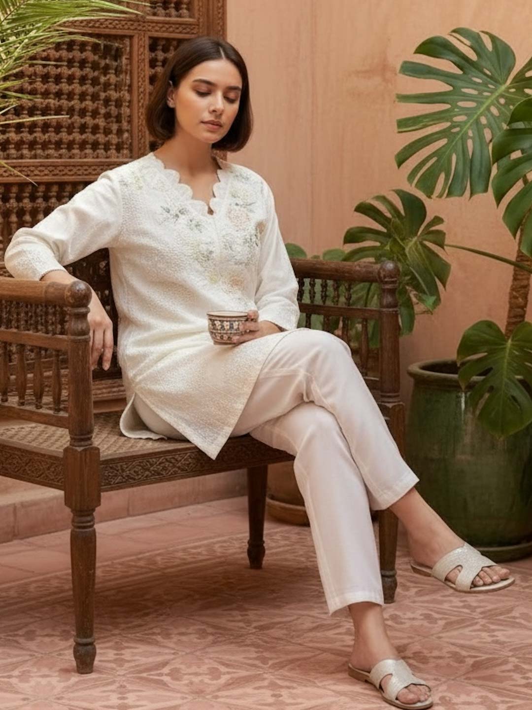 CREAM COTTON HANDWORK & EMBROIDERED CO-ORD SET