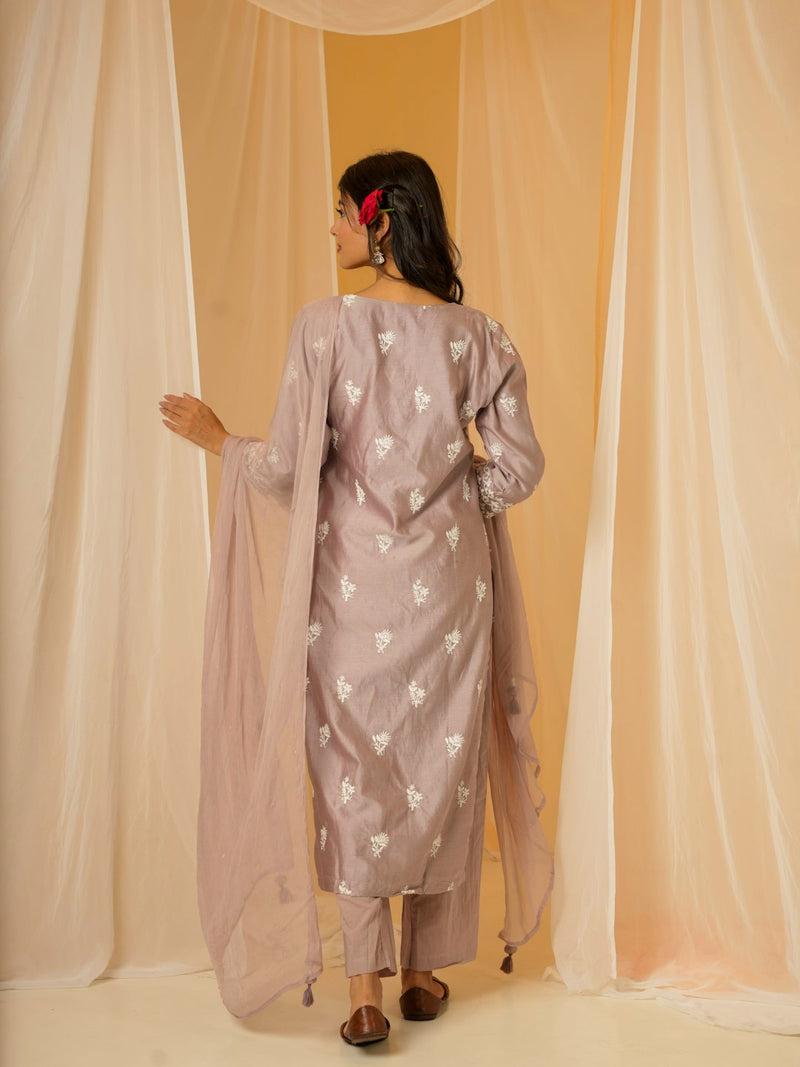 MAUVE CHANDERI SUIT SET WITH EMBROIDERY