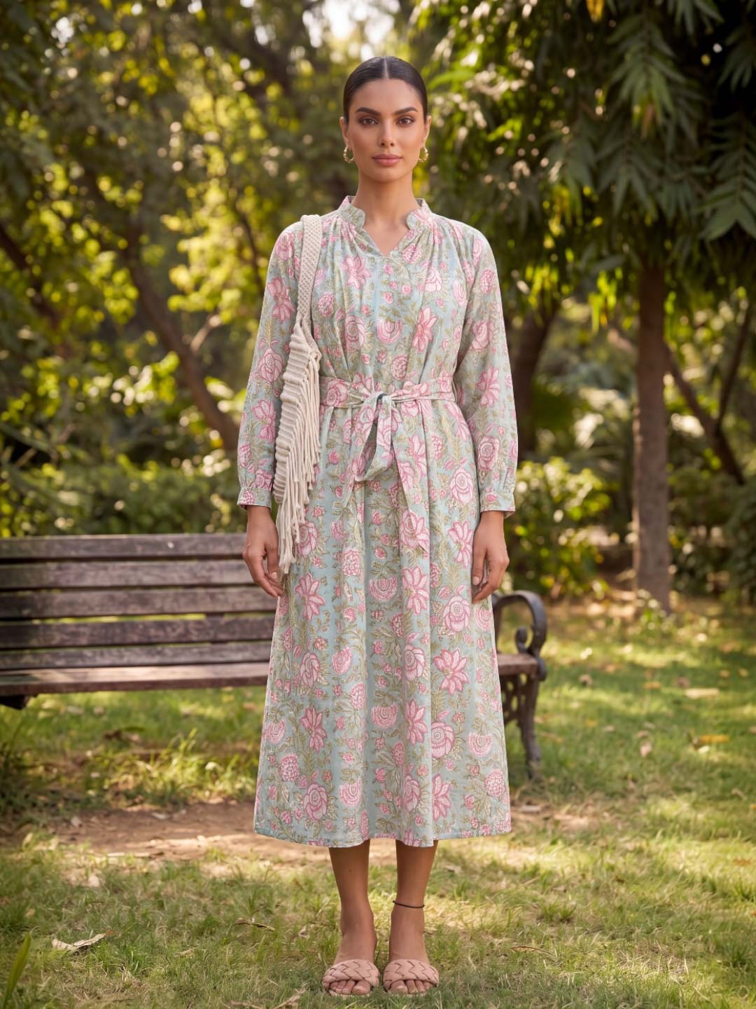 PINK & GREEN VOIL HANDBLOCK DRESS
