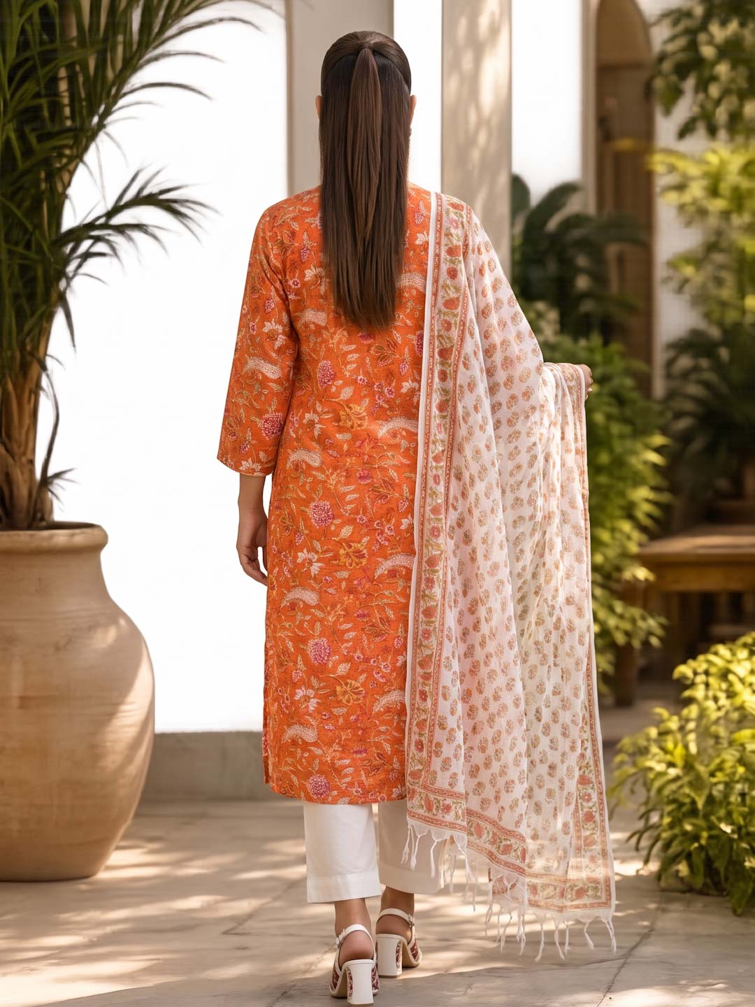 ORANGE KOTA DORIA SUIT SET WITH GOTTA AND HANDBLOCK WORK