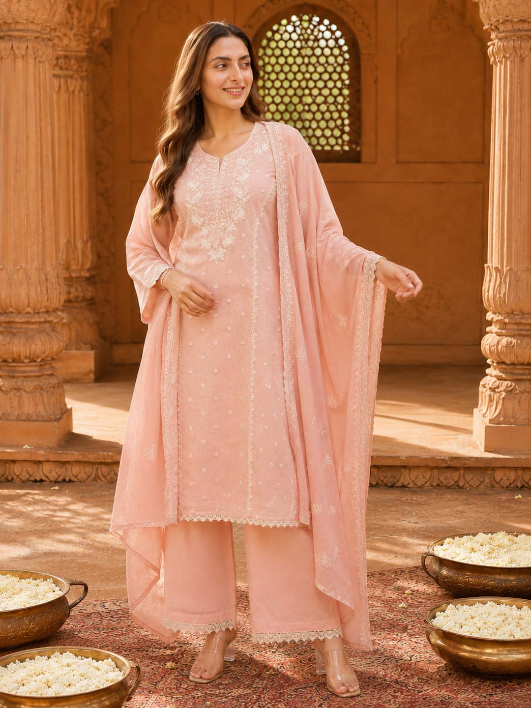 BABY PINK CRUSHED MUL CHANDERI EMBROIDERED SUIT SET