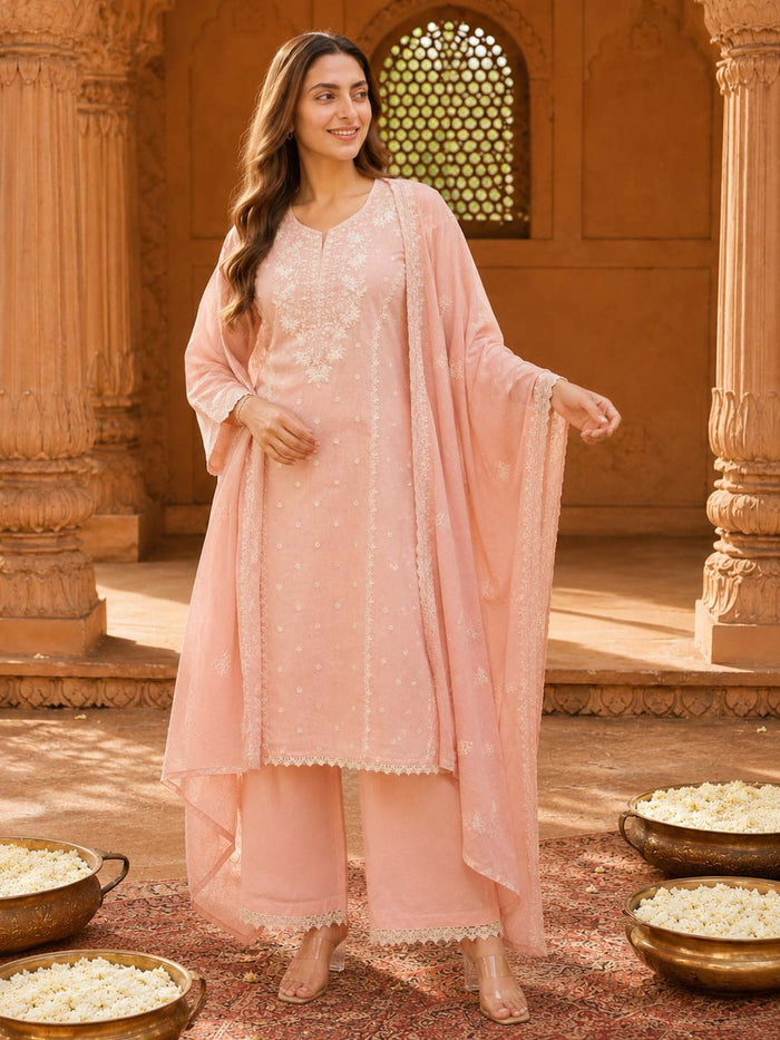 BABY PINK CRUSHED MUL CHANDERI EMBROIDERED SUIT SET
