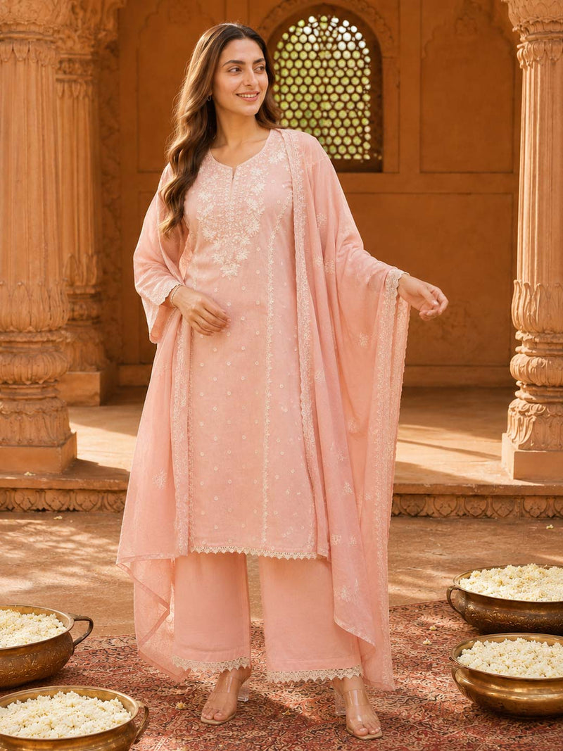 BABY PINK CRUSHED MUL CHANDERI EMBROIDERED SUIT SET