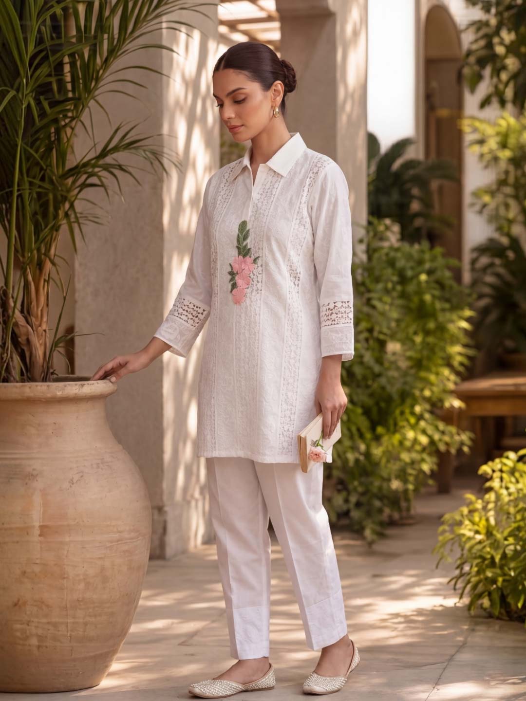 WHITE COTTON SCHIFFLI EMBROIDERED CO-ORD SET