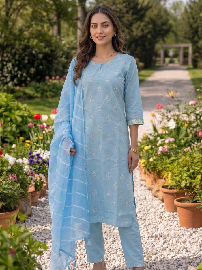 LIGHT BLUE KOTA DORIA SUIT SET WITH KOTA DUPATTA